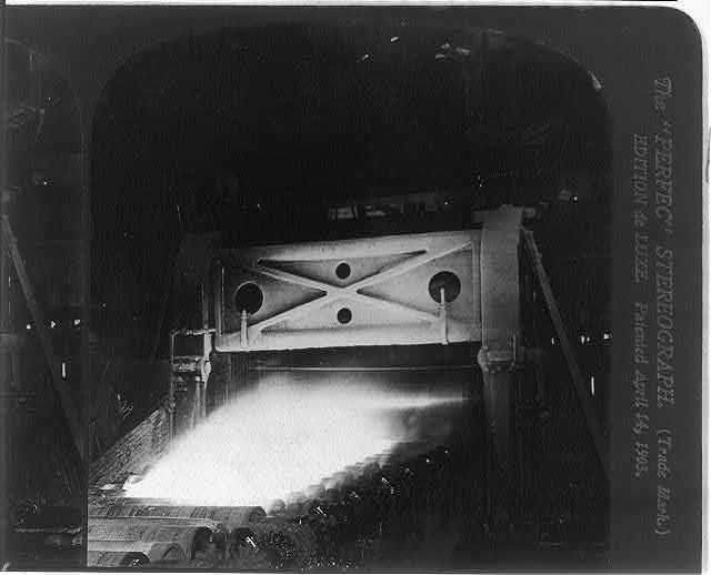 Rolling plates - a hot slab partially finished, Steel Works, Homestead, Pa. - Library of Congress